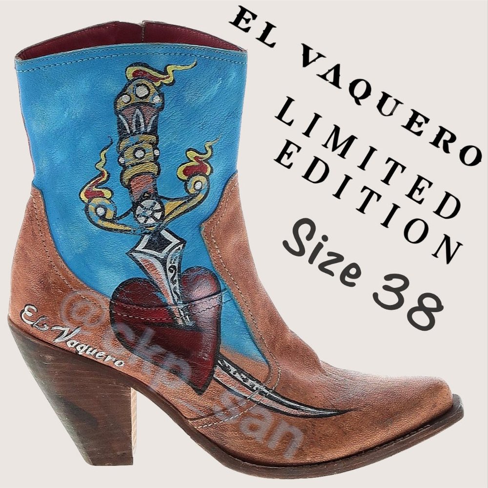 Super Rare El Vaquero Limited Edition Painted Tattoo Ankle Boots Sz 38
